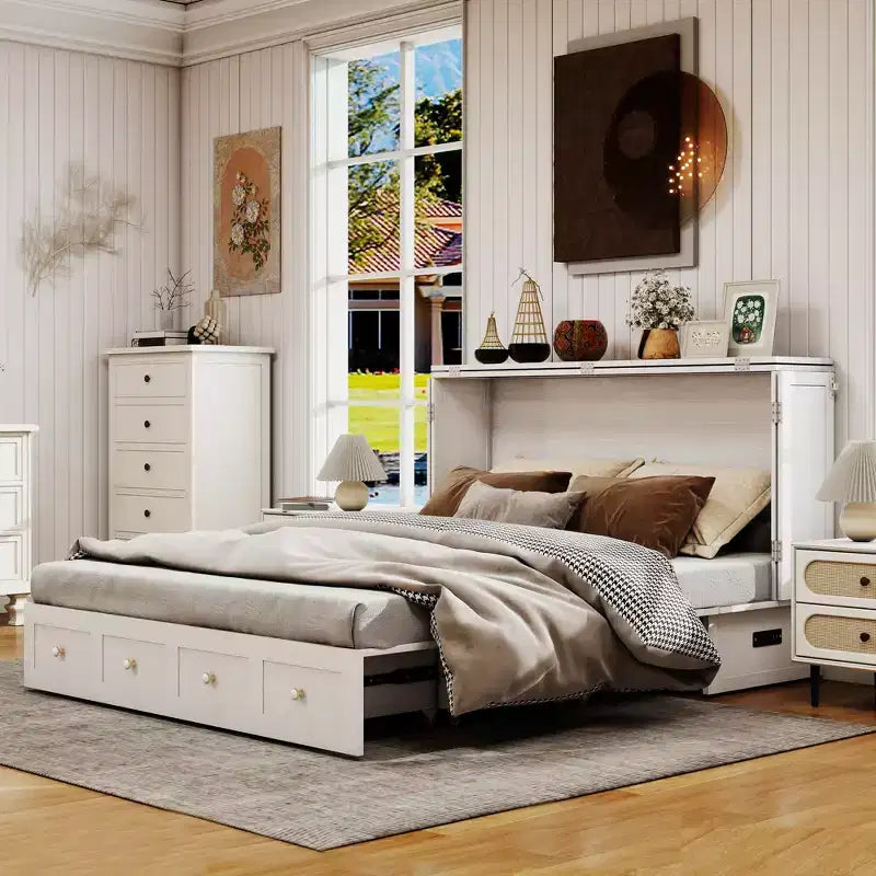 Solid Wood Frame Queen Murphy Bed with Built-in Charger and Storage Drawer