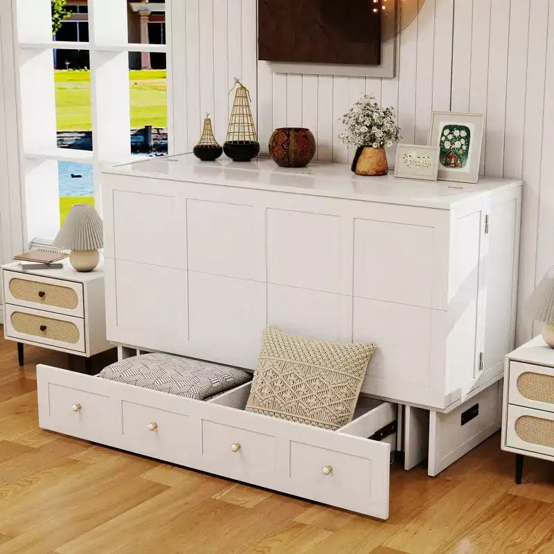 Solid Wood Frame Queen Murphy Bed with Built-in Charger and Storage Drawer