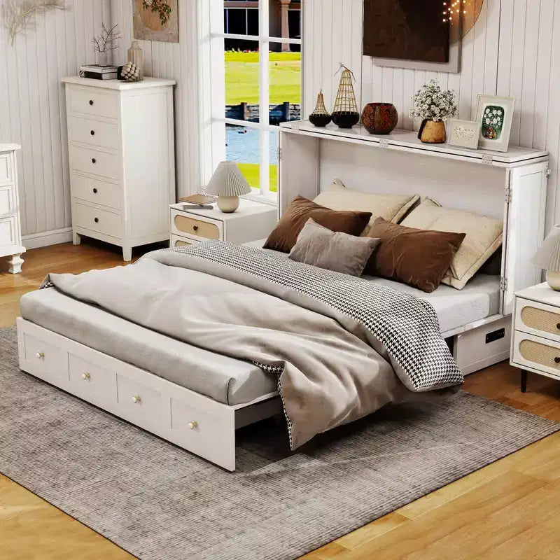 Solid Wood Frame Queen Murphy Bed with Built-in Charger and Storage Drawer