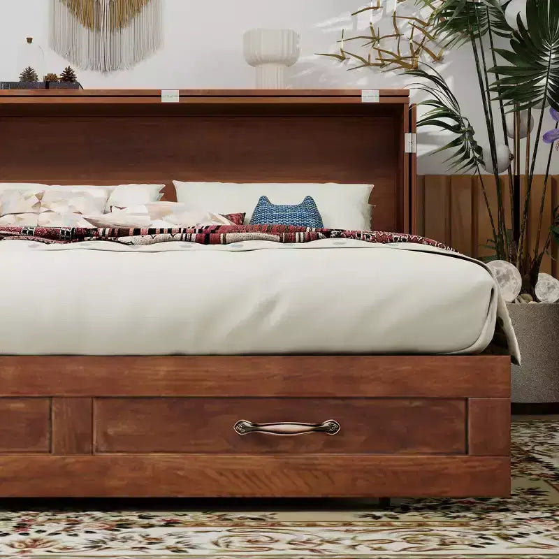 Solid Wood Frame Queen Murphy Bed with Built-in Charger and Storage Drawer