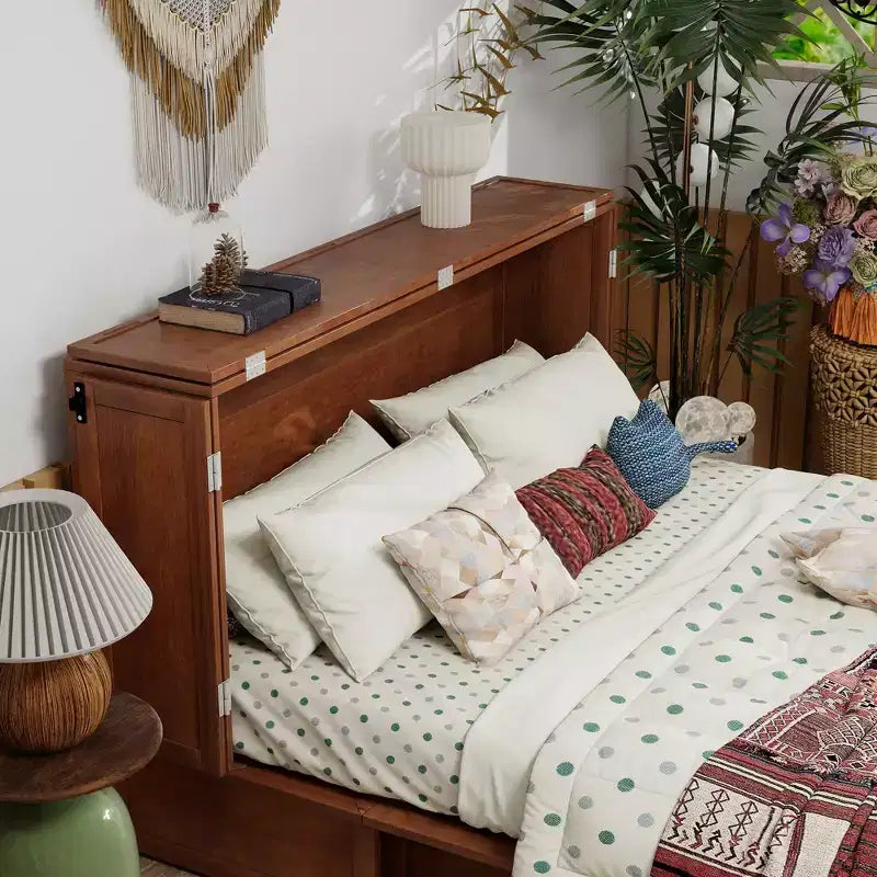 Solid Wood Frame Queen Murphy Bed with Built-in Charger and Storage Drawer