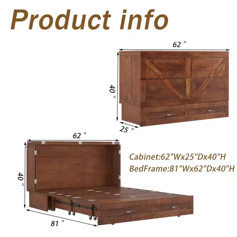 Solid Wood Frame Queen Murphy Bed with Built-in Charger and Storage Drawer