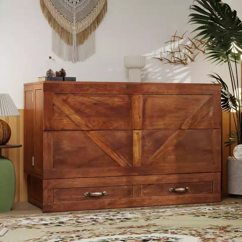 Solid Wood Frame Queen Murphy Bed with Built-in Charger and Storage Drawer