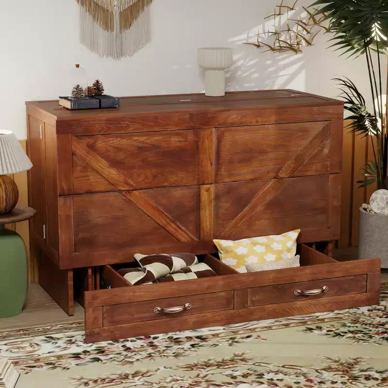 Solid Wood Frame Queen Murphy Bed with Built-in Charger and Storage Drawer