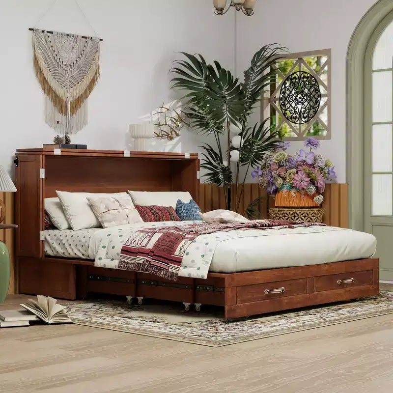 Solid Wood Frame Queen Murphy Bed with Built-in Charger and Storage Drawer