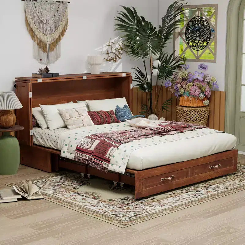 Solid Wood Frame Queen Murphy Bed with Built-in Charger and Storage Drawer