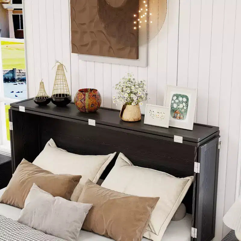 Solid Wood Frame Queen Murphy Bed with Built-in Charger and Storage Drawer