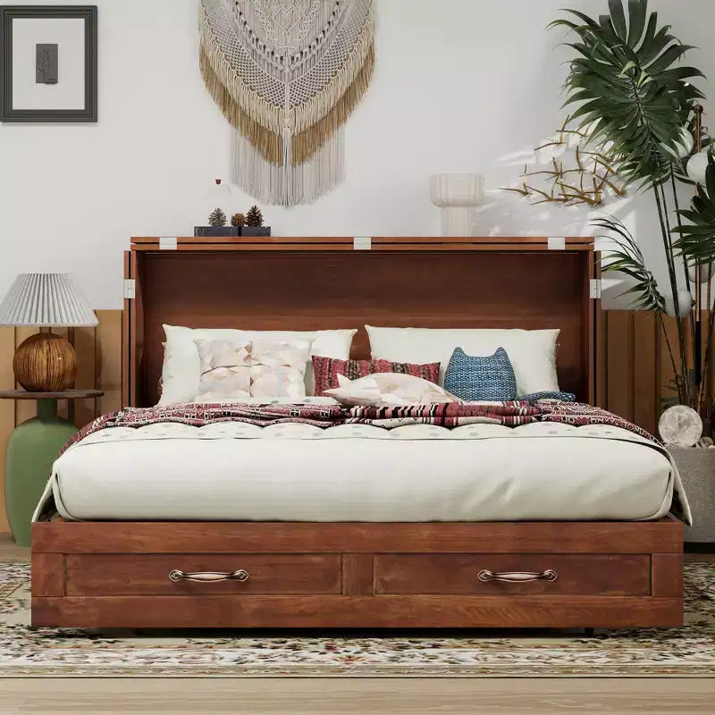 Solid Wood Frame Queen Murphy Bed with Built-in Charger and Storage Drawer