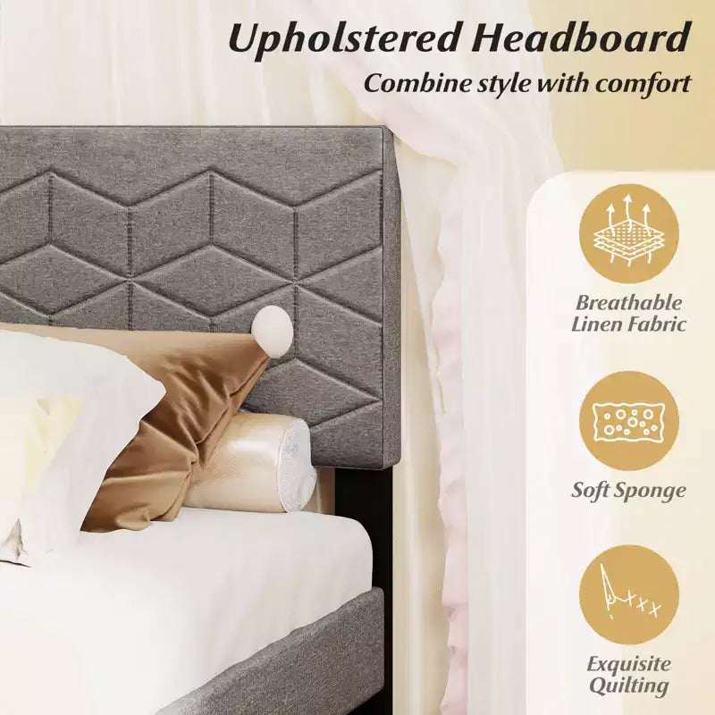 Twin/Full/Queen Upholstered Platform Bed Frame with Linen Headboard and Wooden Slats