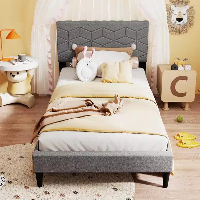 Twin/Full/Queen Upholstered Platform Bed Frame with Linen Headboard and Wooden Slats