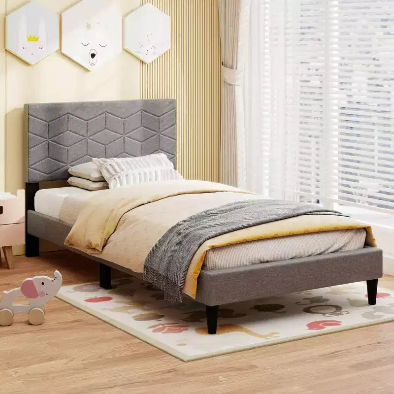 Twin/Full/Queen Upholstered Platform Bed Frame with Linen Headboard and Wooden Slats