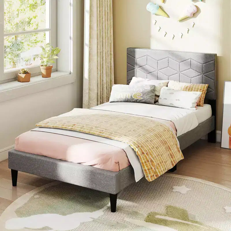 Twin/Full/Queen Upholstered Platform Bed Frame with Linen Headboard and Wooden Slats