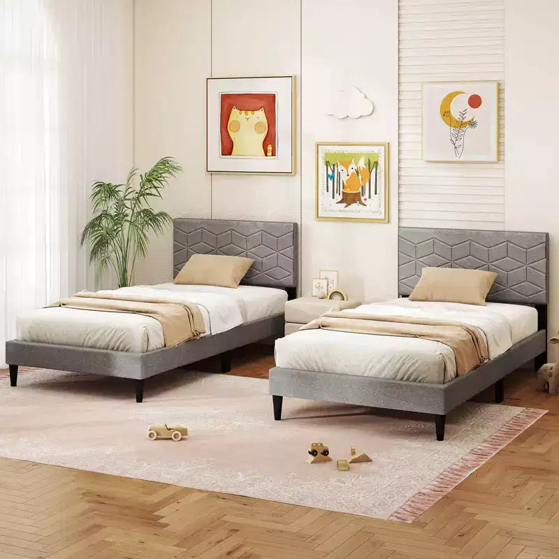 Twin/Full/Queen Upholstered Platform Bed Frame with Linen Headboard and Wooden Slats