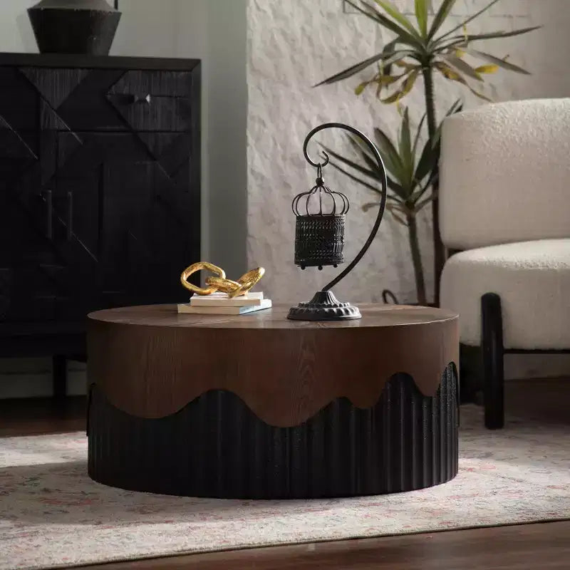 Round Wooden Coffee Table with Walnut Veneer Top