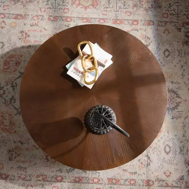 Round Wooden Coffee Table with Walnut Veneer Top