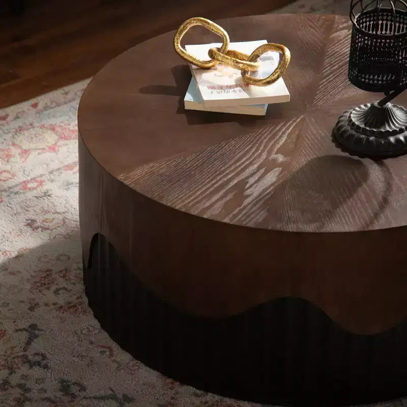 Round Wooden Coffee Table with Walnut Veneer Top