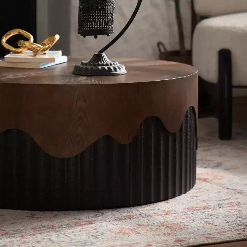 Round Wooden Coffee Table with Walnut Veneer Top