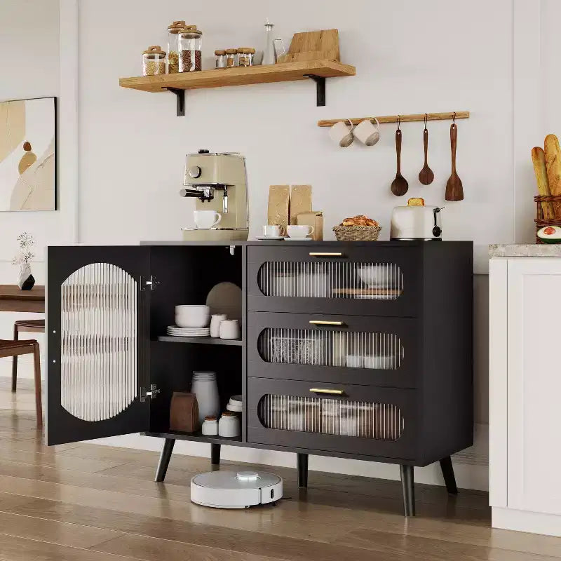 Buffet Cabinet with Storage, Sideboard Cabinet with Fluted Glass Door and Drawers, Black Sideboard for Kitchen, Dining Room, Living Room