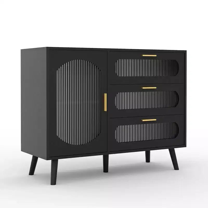 Buffet Cabinet with Storage, Sideboard Cabinet with Fluted Glass Door and Drawers, Black Sideboard for Kitchen, Dining Room, Living Room