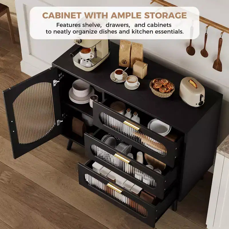 Buffet Cabinet with Storage, Sideboard Cabinet with Fluted Glass Door and Drawers, Black Sideboard for Kitchen, Dining Room, Living Room