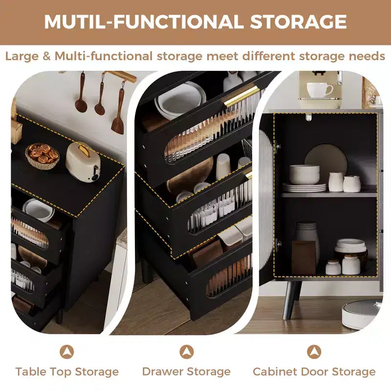 Buffet Cabinet with Storage, Sideboard Cabinet with Fluted Glass Door and Drawers, Black Sideboard for Kitchen, Dining Room, Living Room