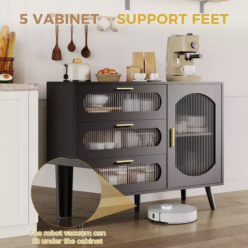 Buffet Cabinet with Storage, Sideboard Cabinet with Fluted Glass Door and Drawers, Black Sideboard for Kitchen, Dining Room, Living Room