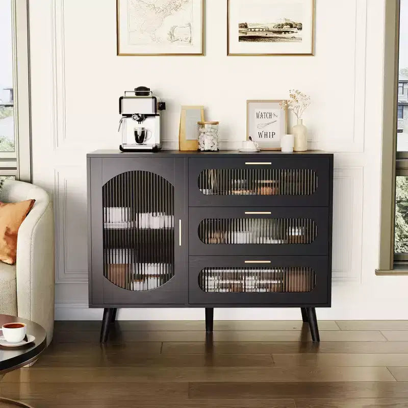 Buffet Cabinet with Storage, Sideboard Cabinet with Fluted Glass Door and Drawers, Black Sideboard for Kitchen, Dining Room, Living Room