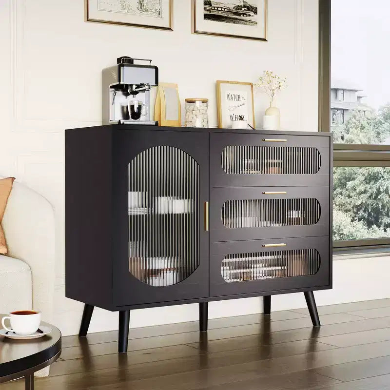 Buffet Cabinet with Storage, Sideboard Cabinet with Fluted Glass Door and Drawers, Black Sideboard for Kitchen, Dining Room, Living Room