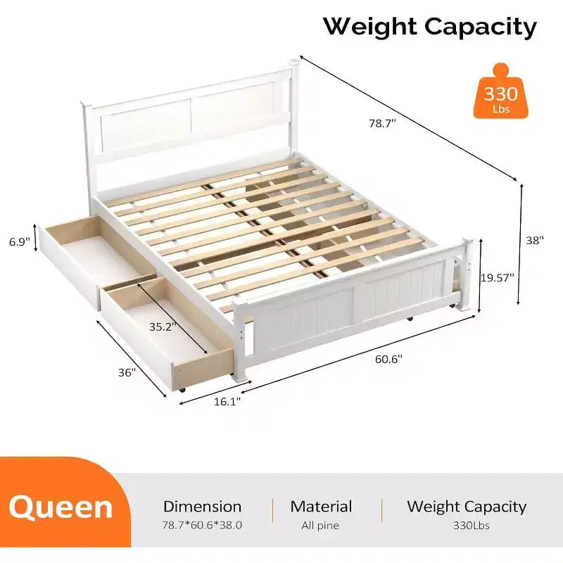 Full Size Wood Bed Frame with 4 Storage Drawers and Headboard