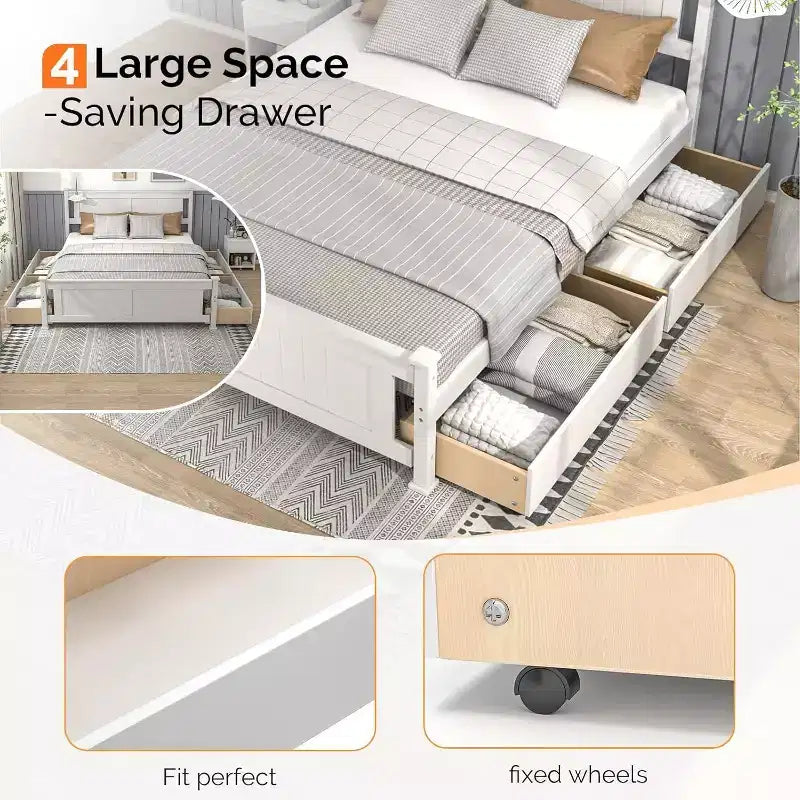 Full Size Wood Bed Frame with 4 Storage Drawers and Headboard