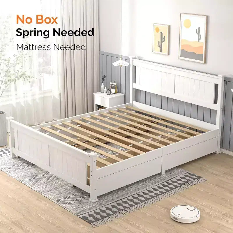 Full Size Wood Bed Frame with 4 Storage Drawers and Headboard