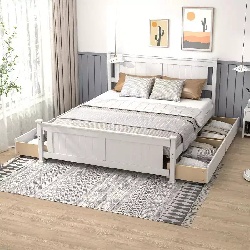 Full Size Wood Bed Frame with 4 Storage Drawers and Headboard