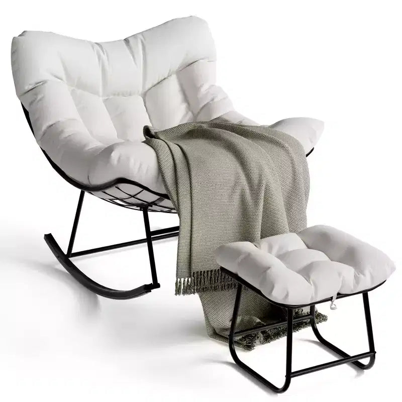 Oversized Outdoor Lounge Chair with Ottoman, Metal Frame Rocking Chair, Patio Rattan Egg Rocker for Backyard, Balcony, and Patio Relaxation