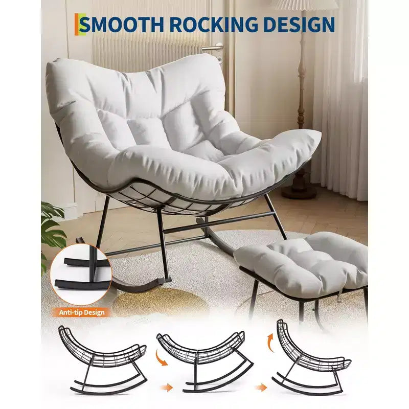 Oversized Outdoor Lounge Chair with Ottoman, Metal Frame Rocking Chair, Patio Rattan Egg Rocker for Backyard, Balcony, and Patio Relaxation