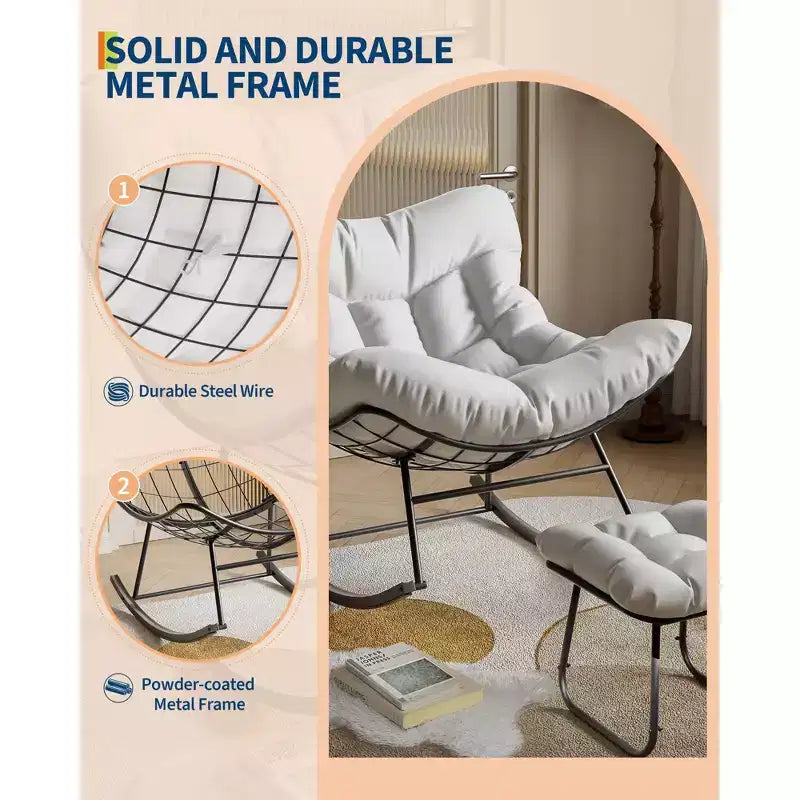 Oversized Outdoor Lounge Chair with Ottoman, Metal Frame Rocking Chair, Patio Rattan Egg Rocker for Backyard, Balcony, and Patio Relaxation