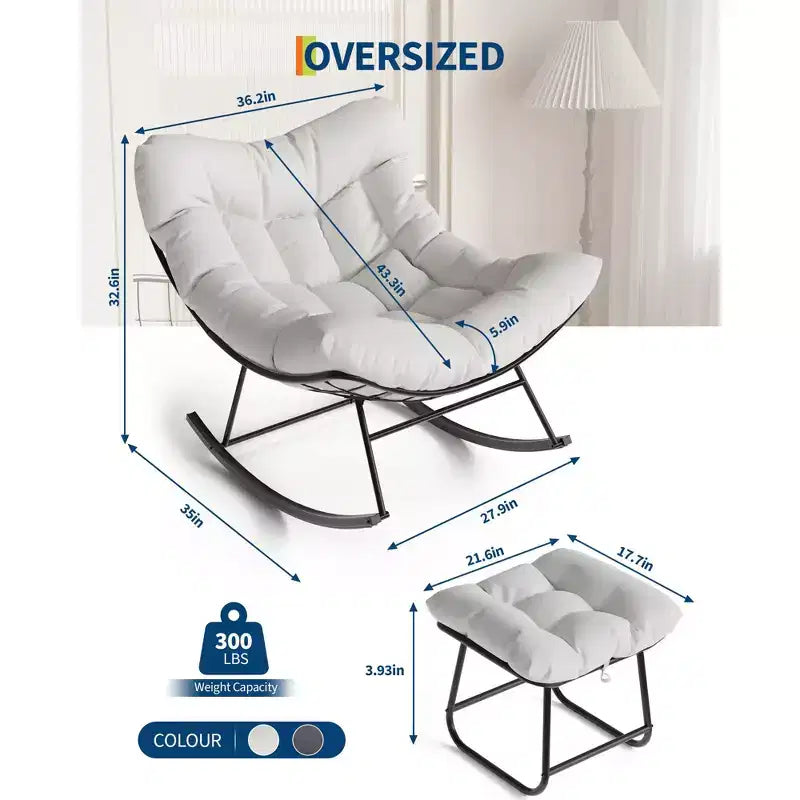 Oversized Outdoor Lounge Chair with Ottoman, Metal Frame Rocking Chair, Patio Rattan Egg Rocker for Backyard, Balcony, and Patio Relaxation