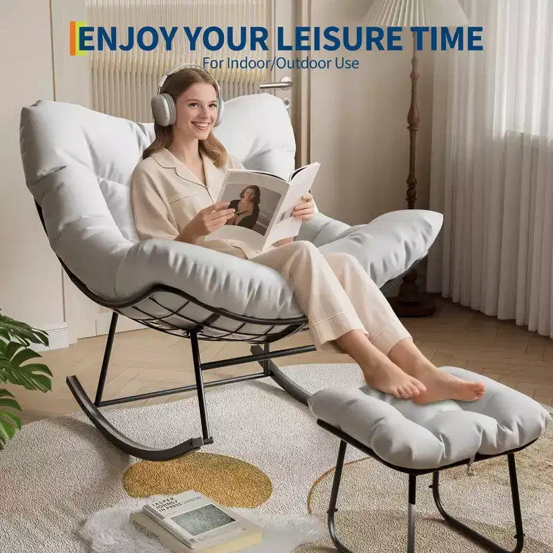 Oversized Outdoor Lounge Chair with Ottoman, Metal Frame Rocking Chair, Patio Rattan Egg Rocker for Backyard, Balcony, and Patio Relaxation