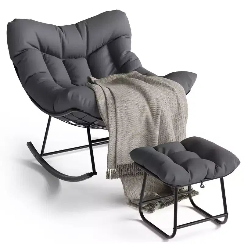 Oversized Outdoor Lounge Chair with Ottoman, Metal Frame Rocking Chair, Patio Rattan Egg Rocker for Backyard, Balcony, and Patio Relaxation