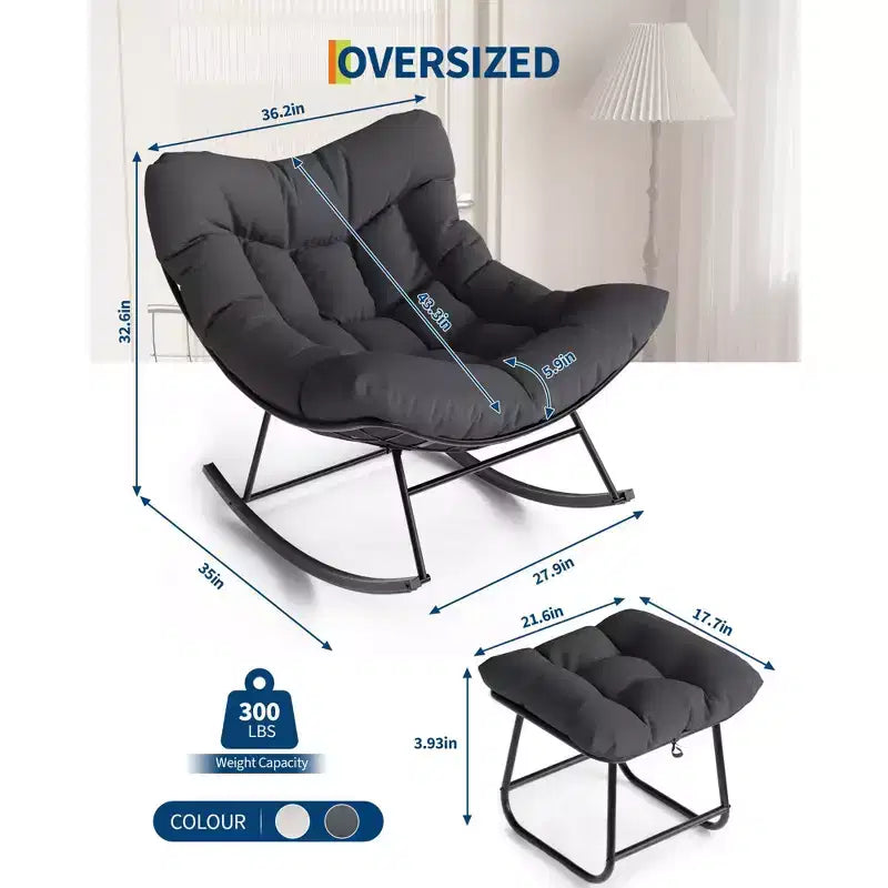 Oversized Outdoor Lounge Chair with Ottoman, Metal Frame Rocking Chair, Patio Rattan Egg Rocker for Backyard, Balcony, and Patio Relaxation