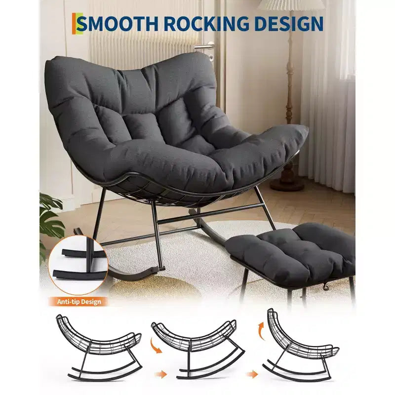 Oversized Outdoor Lounge Chair with Ottoman, Metal Frame Rocking Chair, Patio Rattan Egg Rocker for Backyard, Balcony, and Patio Relaxation