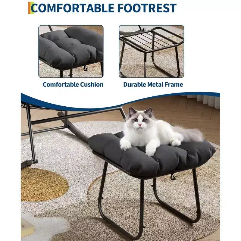 Oversized Outdoor Lounge Chair with Ottoman, Metal Frame Rocking Chair, Patio Rattan Egg Rocker for Backyard, Balcony, and Patio Relaxation