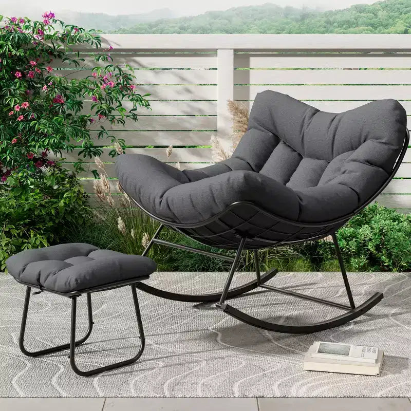 Oversized Outdoor Lounge Chair with Ottoman, Metal Frame Rocking Chair, Patio Rattan Egg Rocker for Backyard, Balcony, and Patio Relaxation