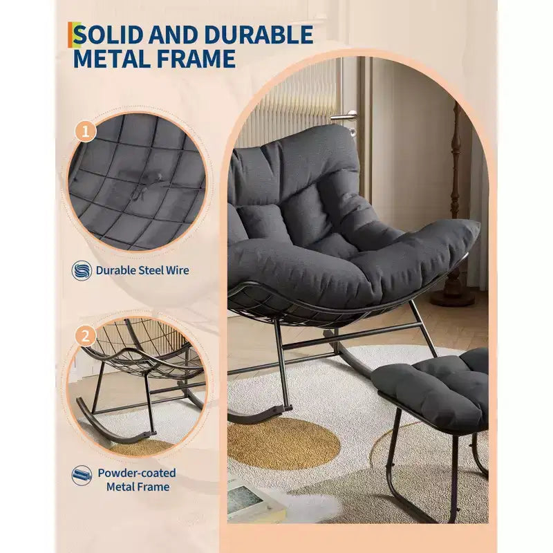 Oversized Outdoor Lounge Chair with Ottoman, Metal Frame Rocking Chair, Patio Rattan Egg Rocker for Backyard, Balcony, and Patio Relaxation