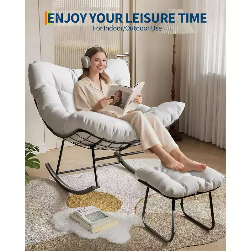 Oversized Outdoor Lounge Chair with Ottoman, Metal Frame Rocking Chair, Patio Rattan Egg Rocker for Backyard, Balcony, and Patio Relaxation