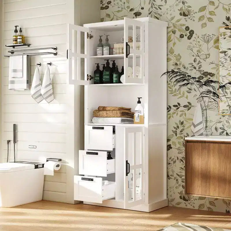 Tall Bathroom Storage Cabinet with Glass Doors and Drawers