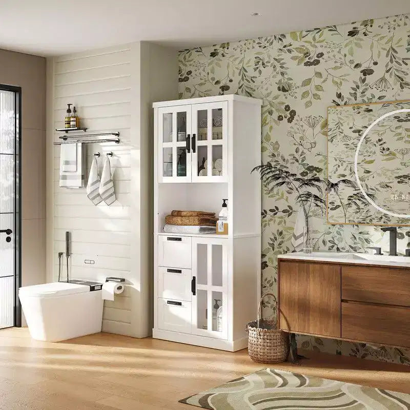 Tall Bathroom Storage Cabinet with Glass Doors and Drawers