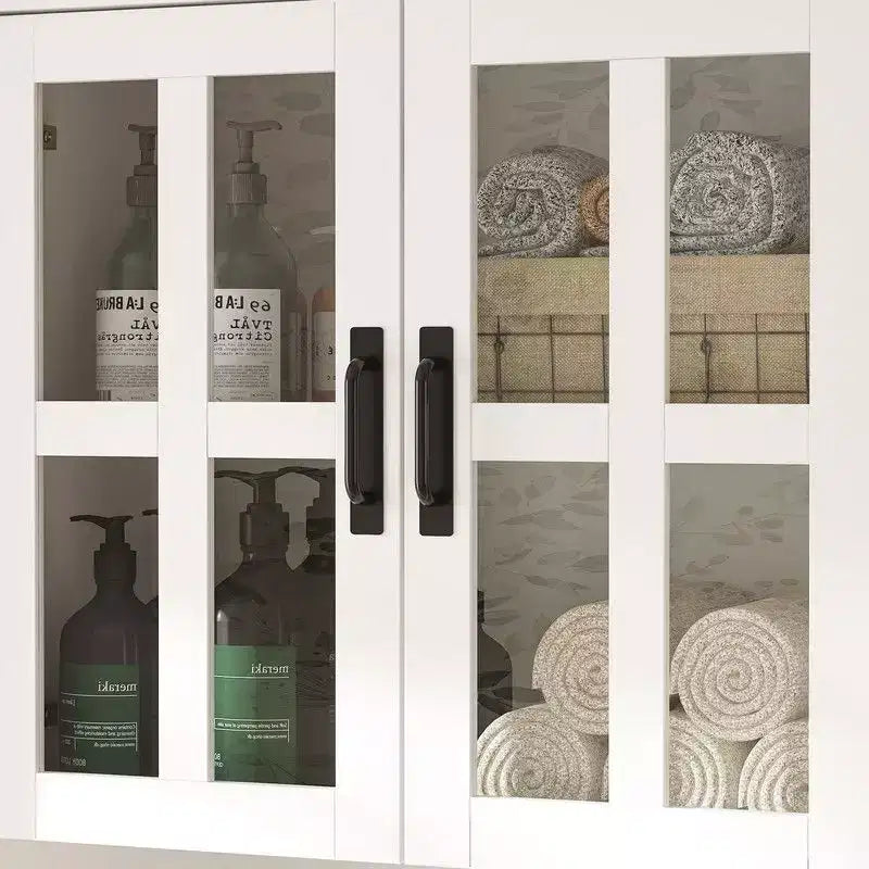 Tall Bathroom Storage Cabinet with Glass Doors and Drawers