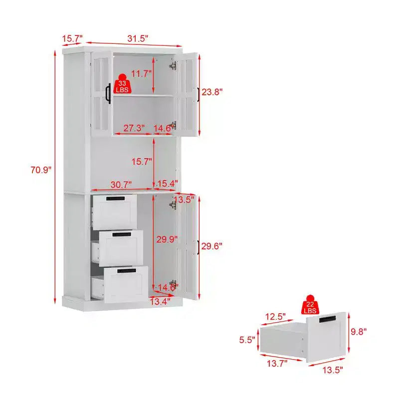 Tall Bathroom Storage Cabinet with Glass Doors and Drawers
