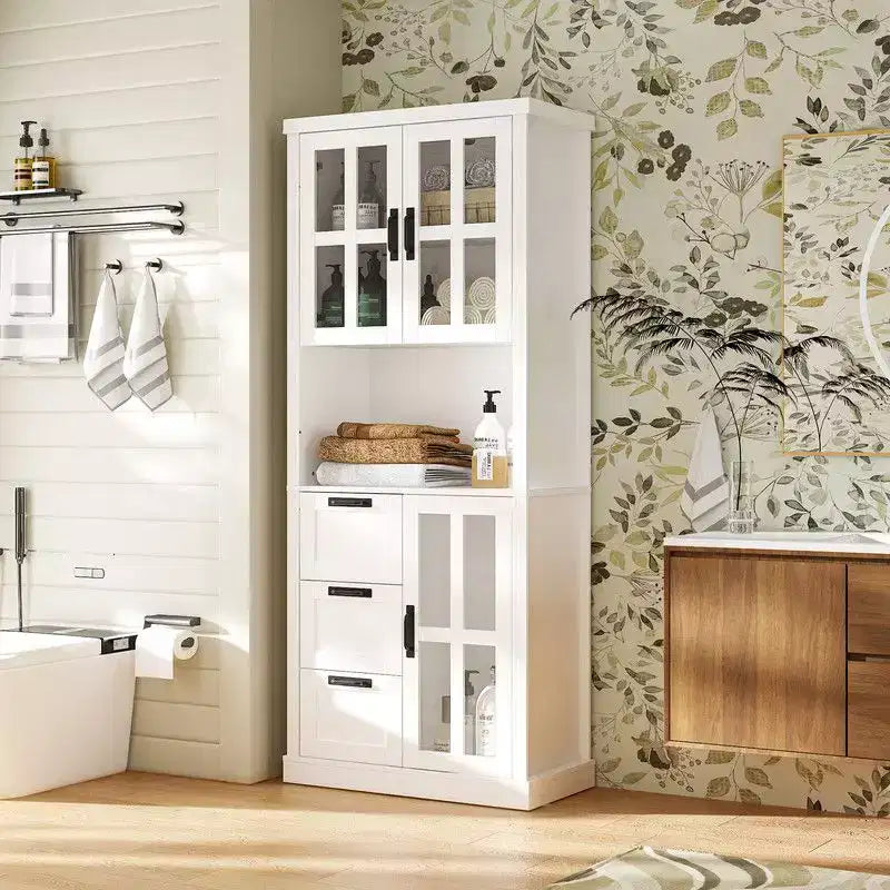 Tall Bathroom Storage Cabinet with Glass Doors and Drawers
