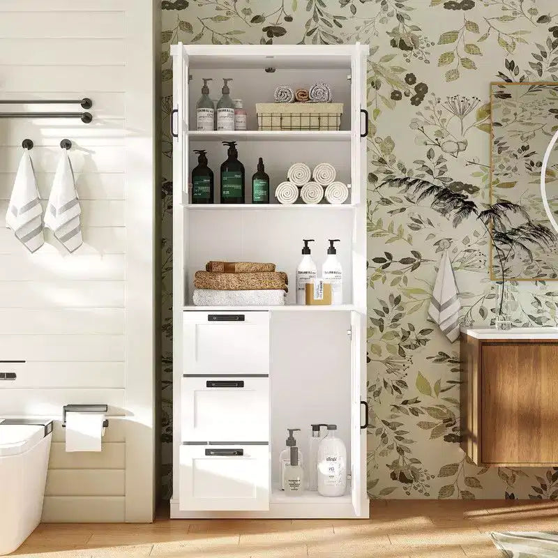Tall Bathroom Storage Cabinet with Glass Doors and Drawers